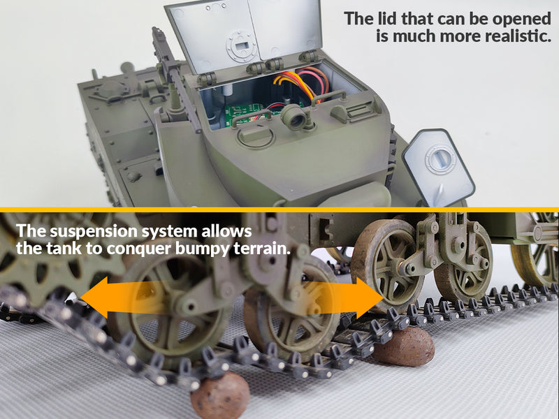 RACENT 1:16 RC Tank US M5A1 Stuart, con humo, elevación de cañón, rotación de torreta de 360 grados, sin disparos