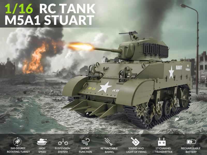 RACENT 1:16 RC Tank US M5A1 Stuart, con humo, elevación de cañón, rotación de torreta de 360 grados, sin disparos