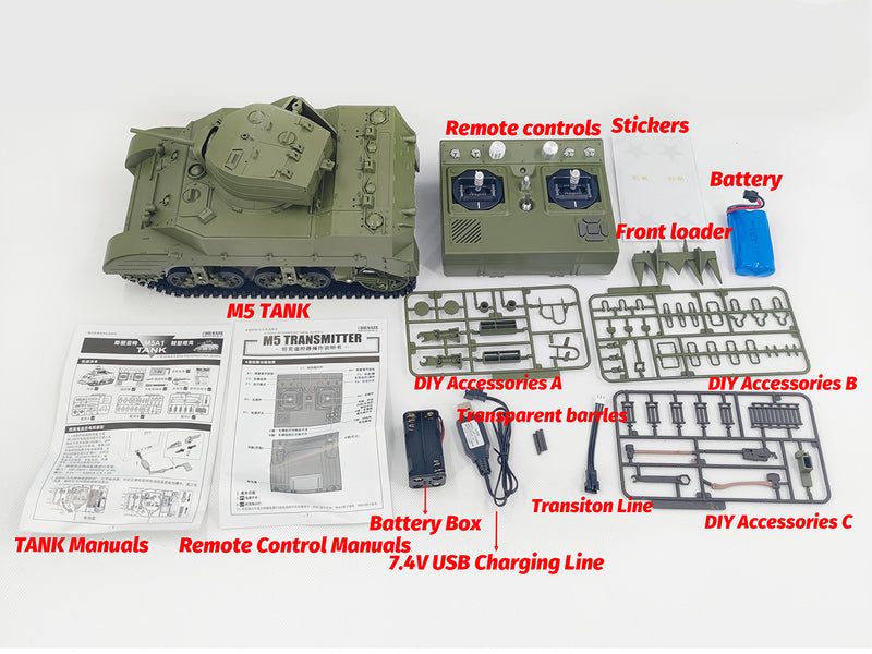 RACENT 1:16 RC Tank US M5A1 Stuart, con humo, elevación de cañón, rotación de torreta de 360 grados, sin disparos