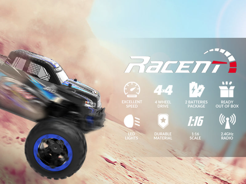 Racent - Coche de control remoto 4WD todoterreno RC Monster Truck escala 1:16 30 MPH de alta velocidad todo terreno RC vehículo para niños o adultos (785-5) (azul)