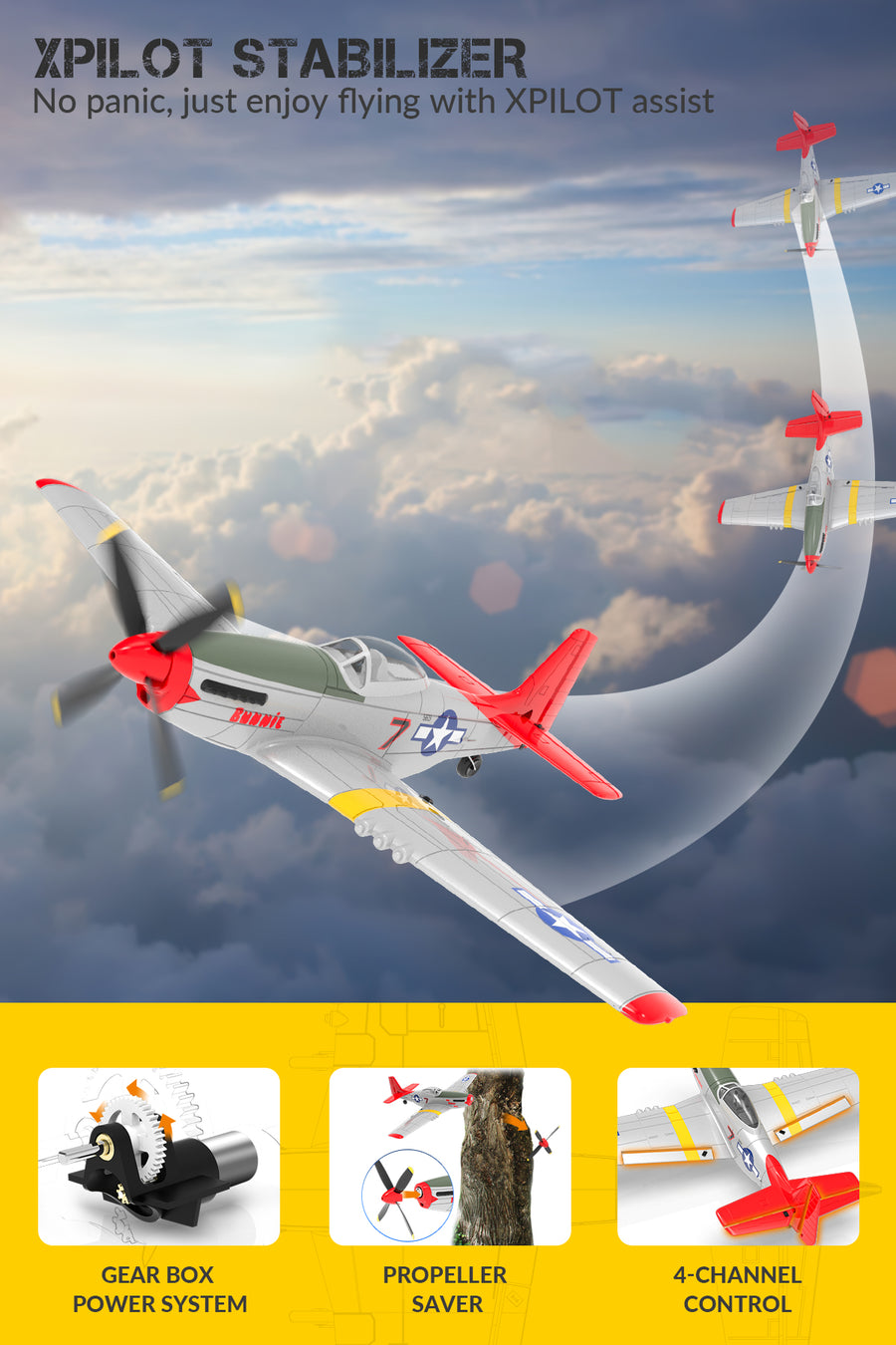 VOLANTEXRC P51D Mustang 4Ch Aviones RC para principiantes con estabilizador Xpilot One-key Aerobatic (761-5) RTF