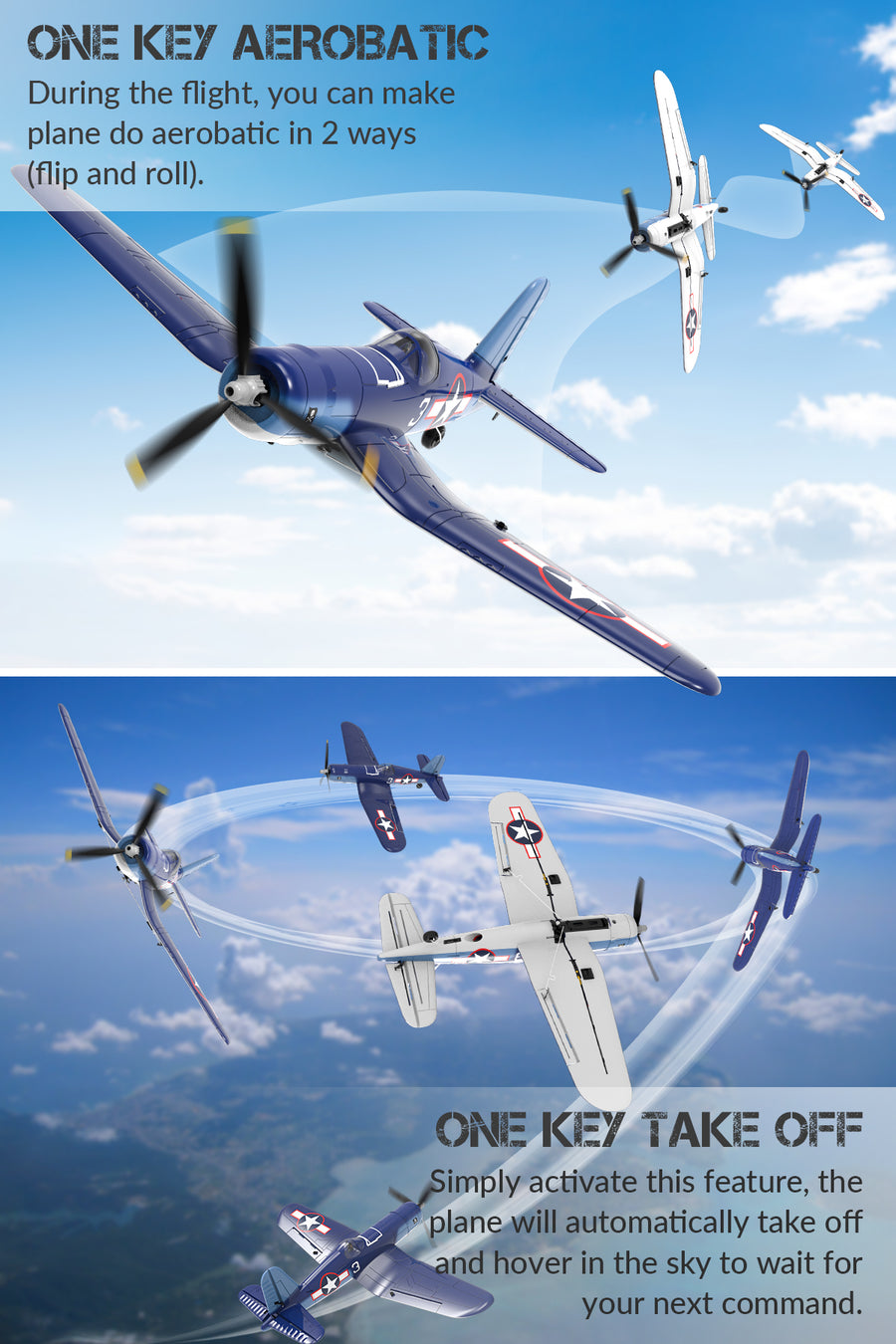 VOLANTEXRC Corsair F4U Scale RC Warbird Airplane Gyro Stabilizer One key Aerobatic