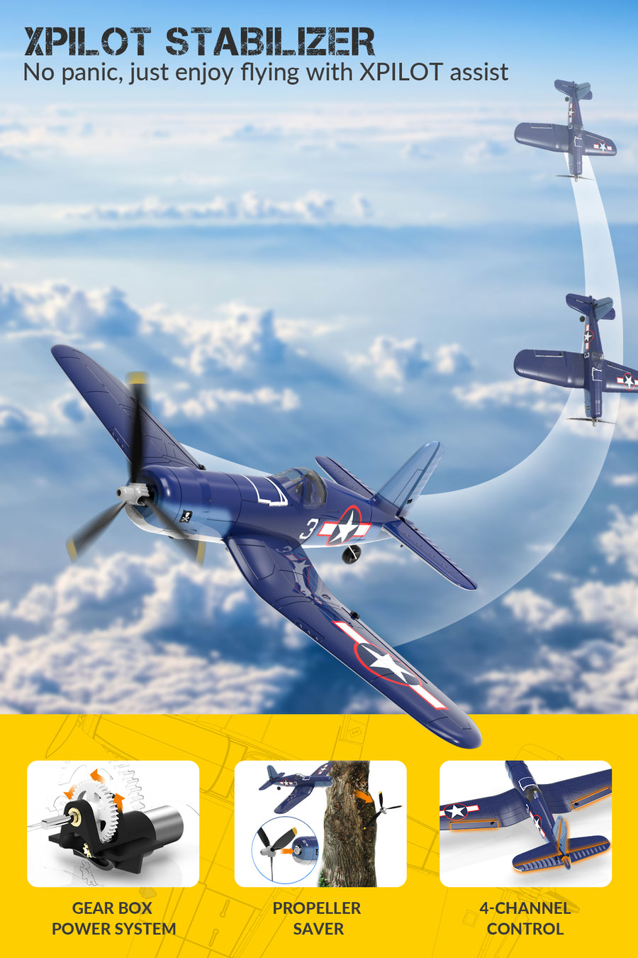 VOLANTEXRC Corsair F4U Scale RC Warbird Airplane Gyro Stabilizer One key Aerobatic