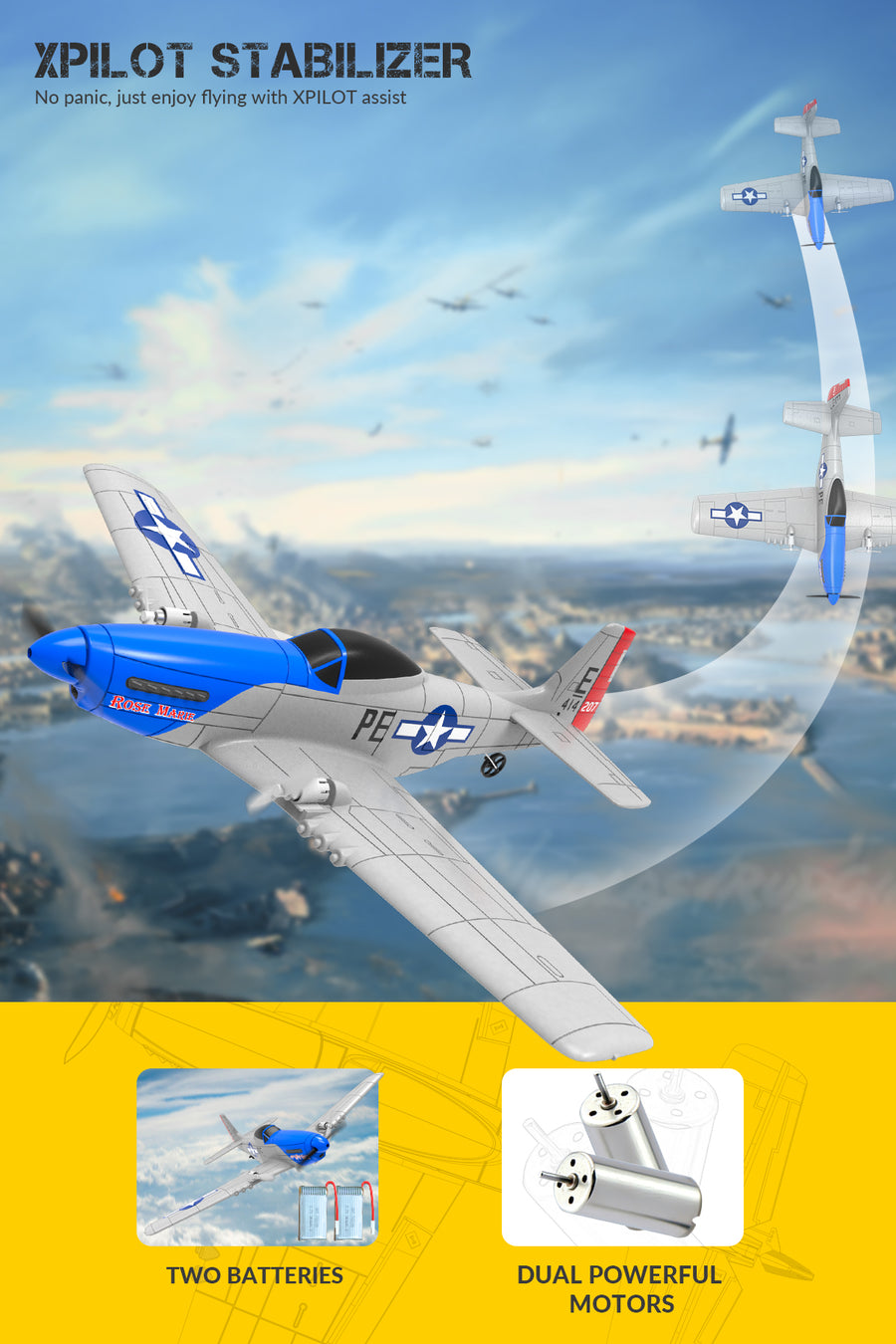 VOLANTEXRC P51D Mustang 2 Channels RC Beginner Airplane with Gyro Stabilizer Easy Fly