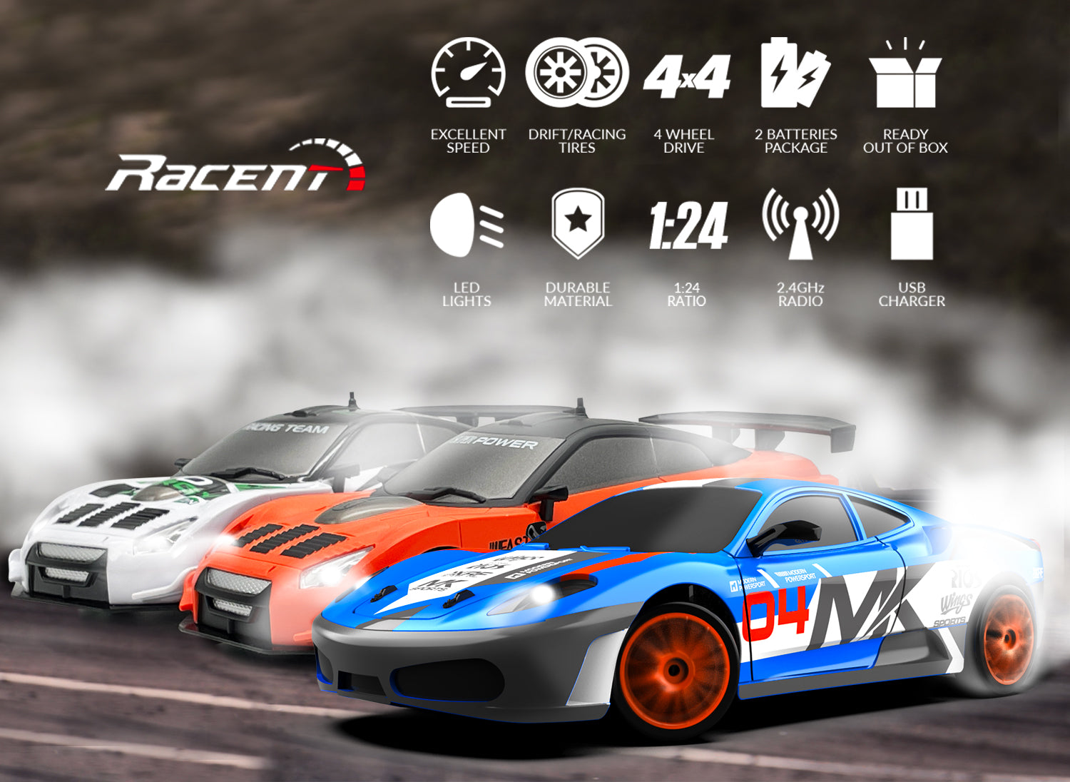 RACENT Blaze Racer: 1:24 Scale RC, 10MPH, LEDs, Drift