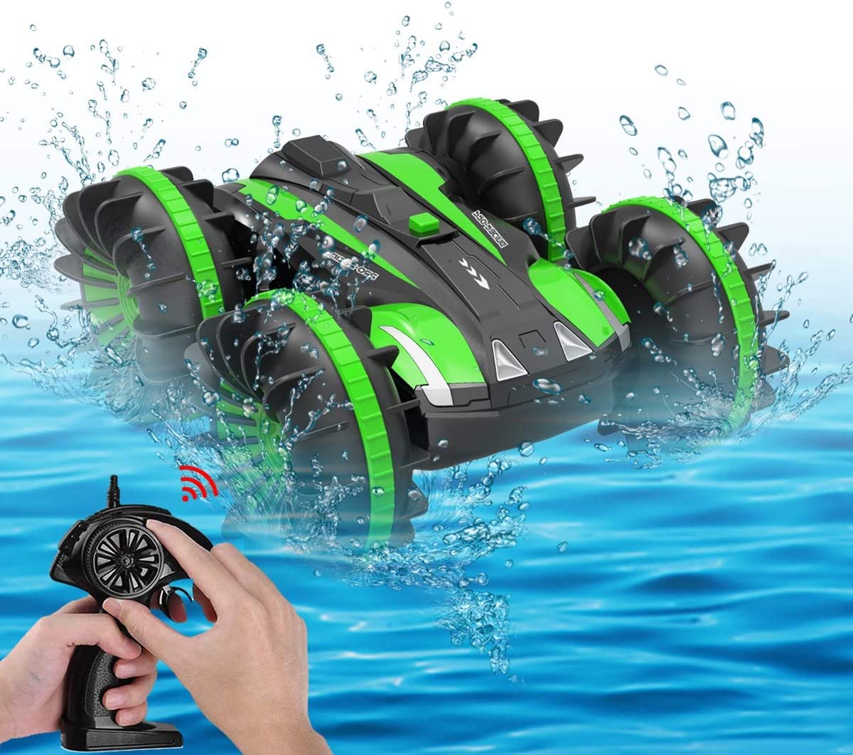 All Terrain Amphibious Waterproof Remote Control Boat & RC Car Pool Toys Green 2 pcs Batteries