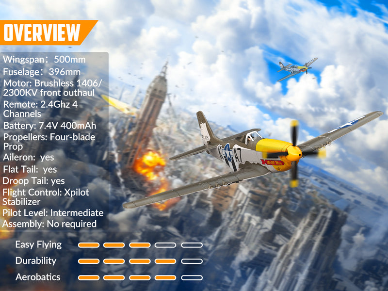 VOLANTEXRC 500mm P-51D Mustang (76802) PNP sin radio, batería y cargador