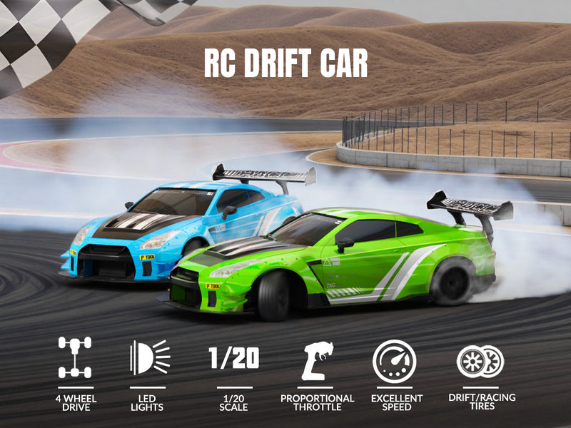 Racent 1:20 RC Drift Car 4WD, LED Light, 2 baterías, Dual Motor Green