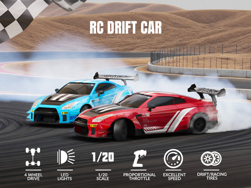 Racent 1:20 RC Drift Car 4Wd, LED Light, 2 baterías azules