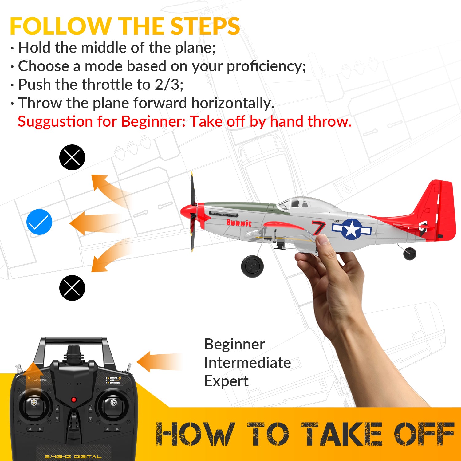 VOLANTEXRC P51D Mustang 4Ch Aviones RC para principiantes con estabilizador Xpilot One-key Aerobatic (761-5) RTF