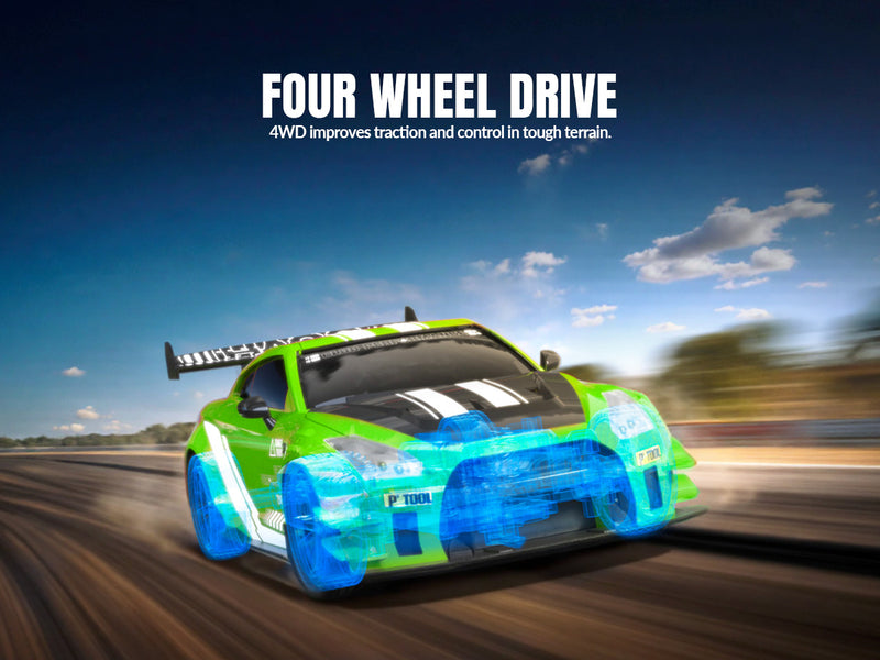 Racent 1:20 RC Drift Car 4WD, LED Light, 2 baterías, Dual Motor Green