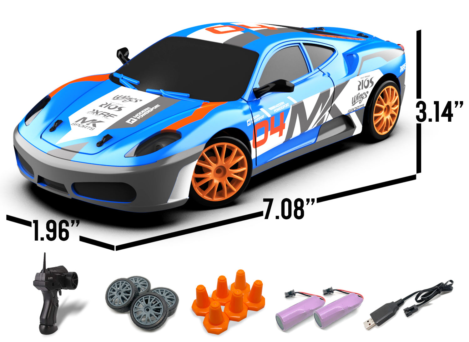 RACENT Speedster: 1:24 RC Car, 10MPH, LED, Drift Wheels