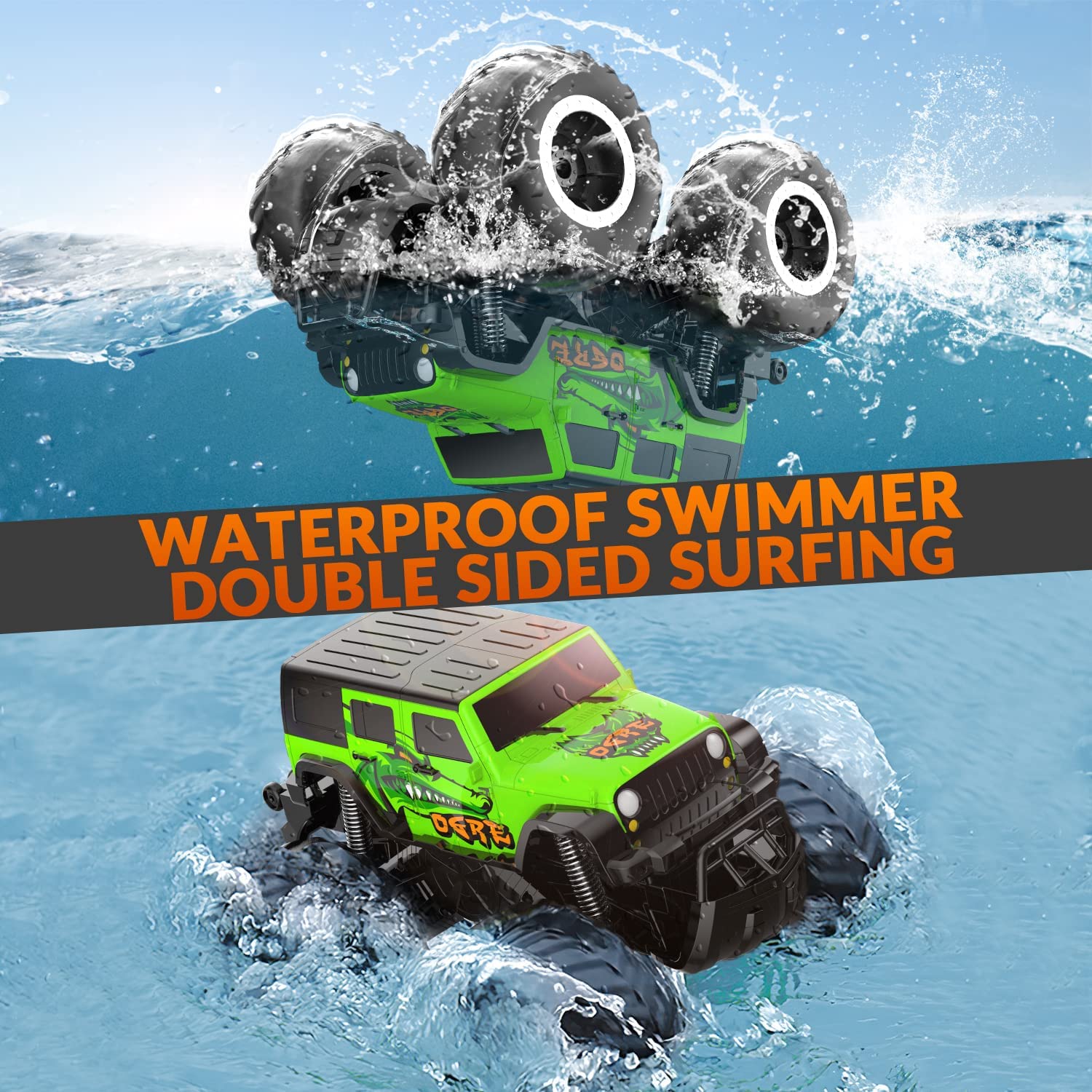 Amphibious Remote Control Car All Terrain Off-Road Waterproof RC Monster Truck for Kids (Green)