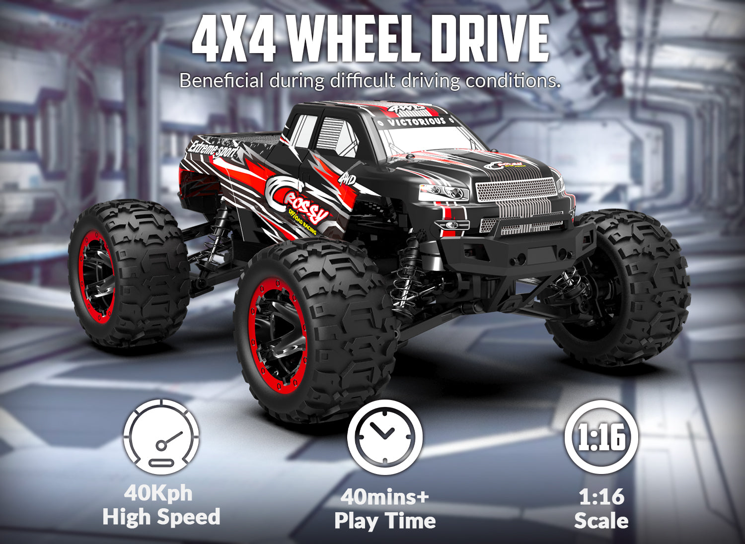 Racent 1:16 Remote Control Car 30MPH High Speed 4WD Off-Road RC Monster Truck Red (With Green Car Shell)