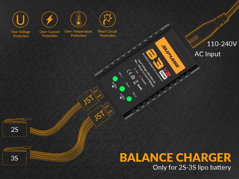 SUPULSE LiPo Cargador de batería RC Balance Charger AC 7.4-11.1V 2S-3S 10W Versión de actualización B3AC Pro Compact Charger Lipo Charger (B3V2)