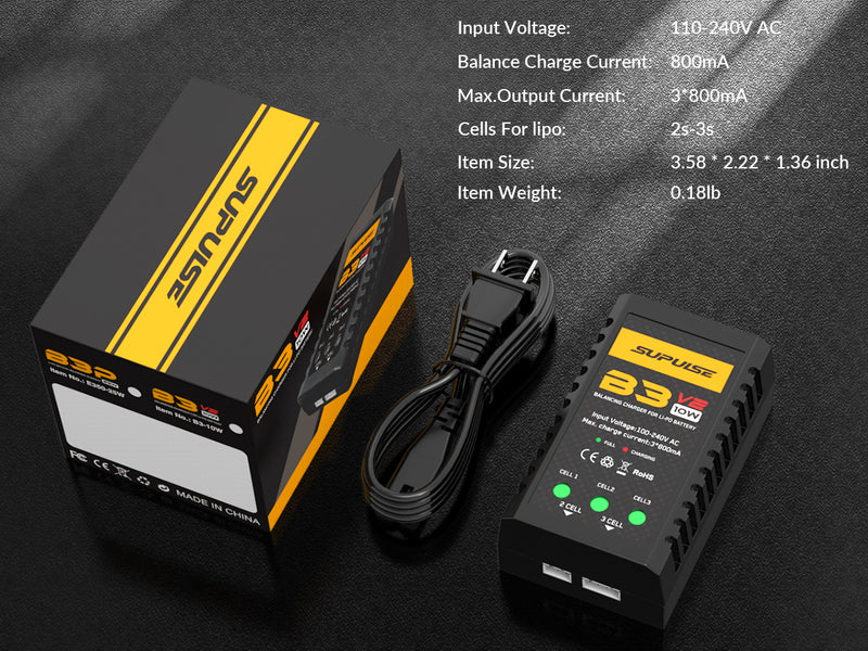 SUPULSE LiPo Cargador de batería RC Balance Charger AC 7.4-11.1V 2S-3S 10W Versión de actualización B3AC Pro Compact Charger Lipo Charger (B3V2)