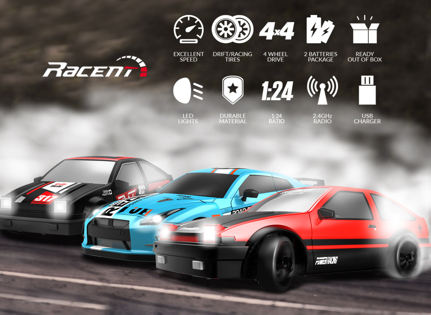 RACENT Thrill Rider: 1:24 4WD, 10MPH, LED, Racing/Drift