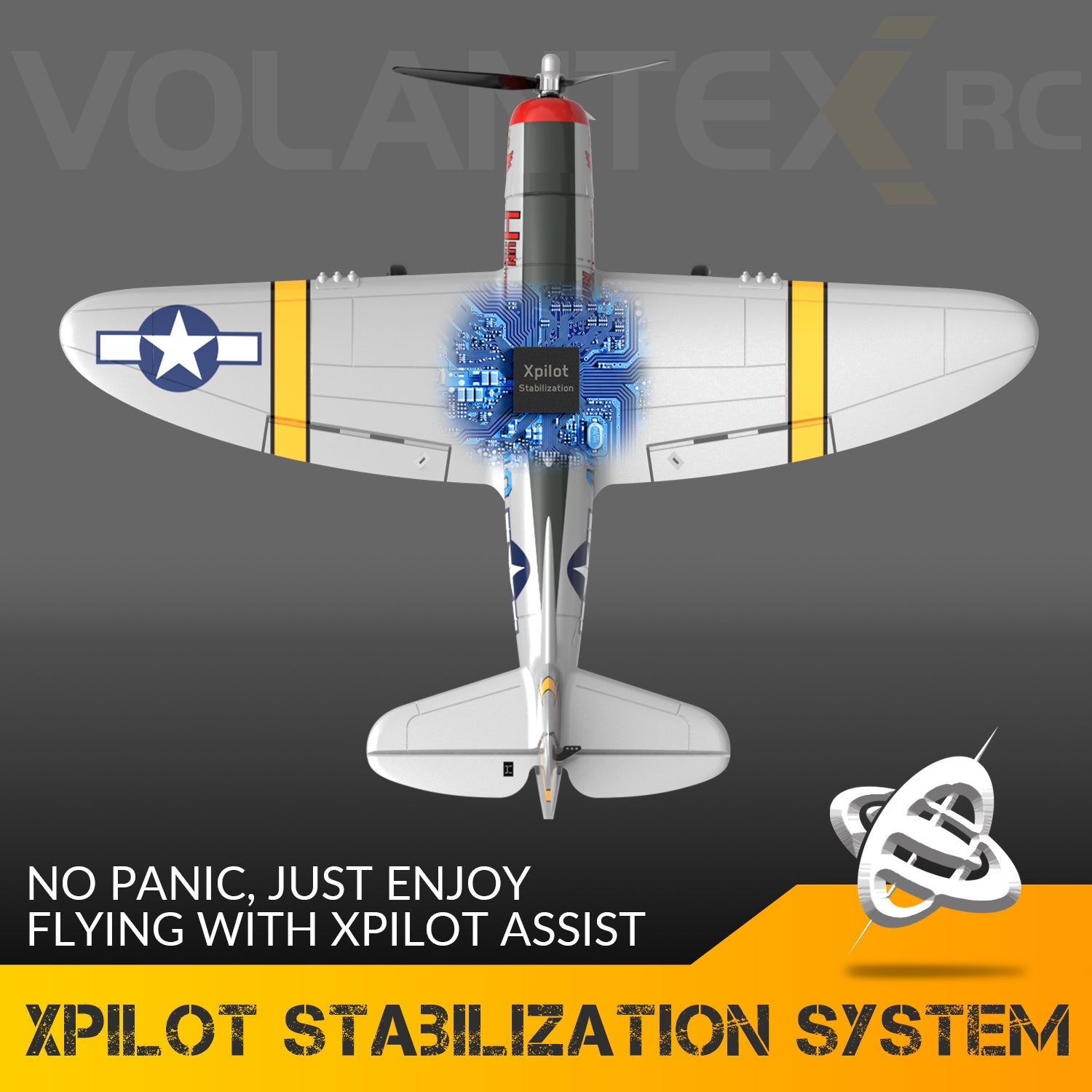 Avión de control remoto VOLANTEXRC Spitfire 4-CH listo para volar para principiantes con sistema de estabilización Xpilot (761-12) RTF