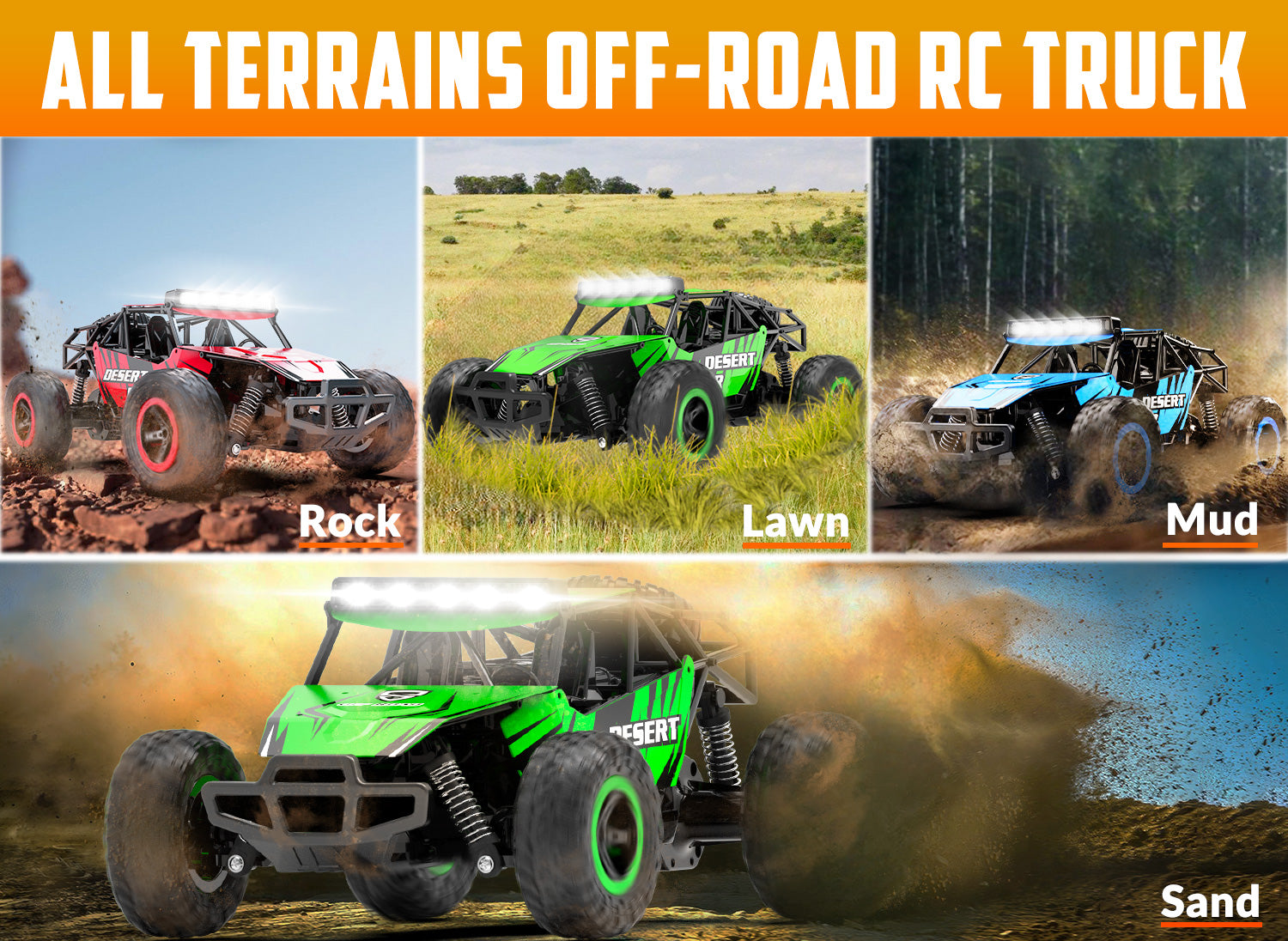 RACENT 1/16 All Terrain Remote Control Car for Kids Off Road RC Truck Desert Racer Great Gift