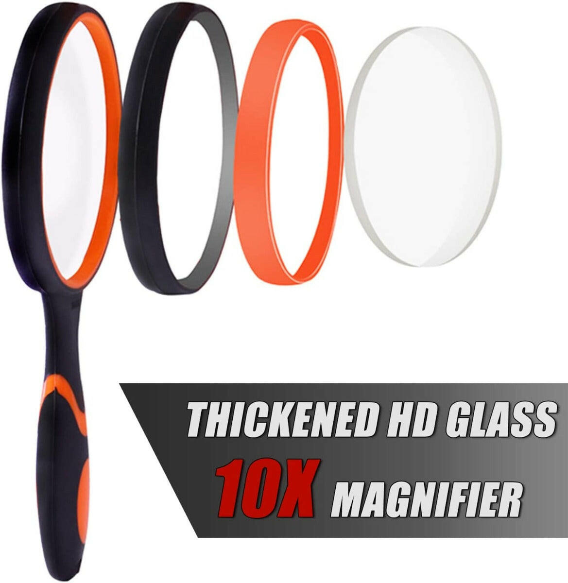 Multipurpose 10X HD thickened magnifying glass with 75MM Lens Magnifier and Non-Slip Soft Handle (Orange) - EXHOBBY