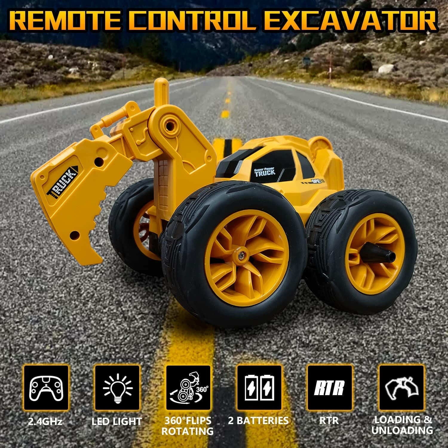 STEMTRON 2.4Ghz Remote Control Stunt Excavator with LED Light for Kids - EXHOBBY