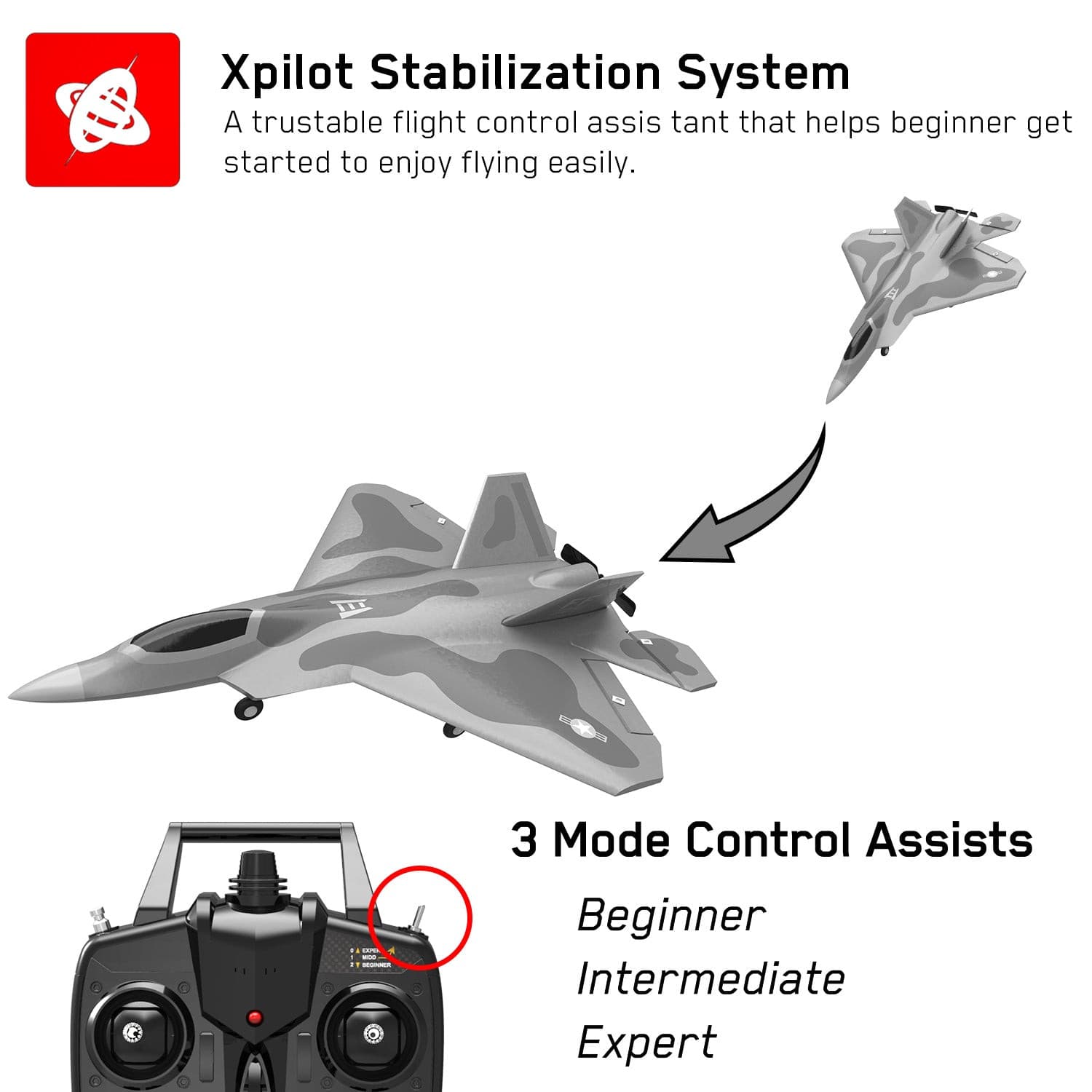 VOLANTEXRC F-22 Raptor 2.4Ghz 4-CH Remote Control with Xpilot Stabilizer System One Key Aerobatic  (761-7) RTF.