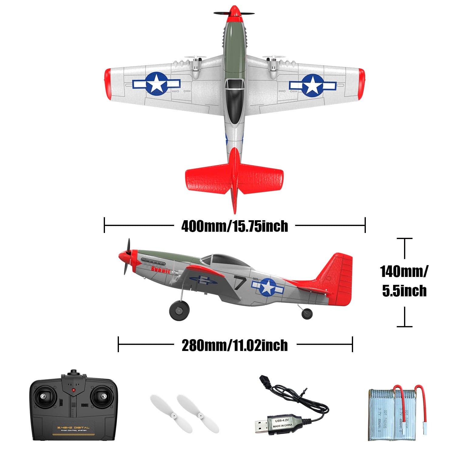 VOLANTEXRC P-51D Mustang 2-Ch Beginner Airplane with Gyro Stabilizer (762-3) RTF - EXHOBBY