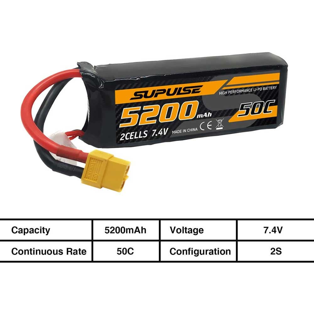 SUPULSE 2pack 7.4V 2S 5200mAh 50C Lipo Battery with XT60 Plug - EXHOBBY