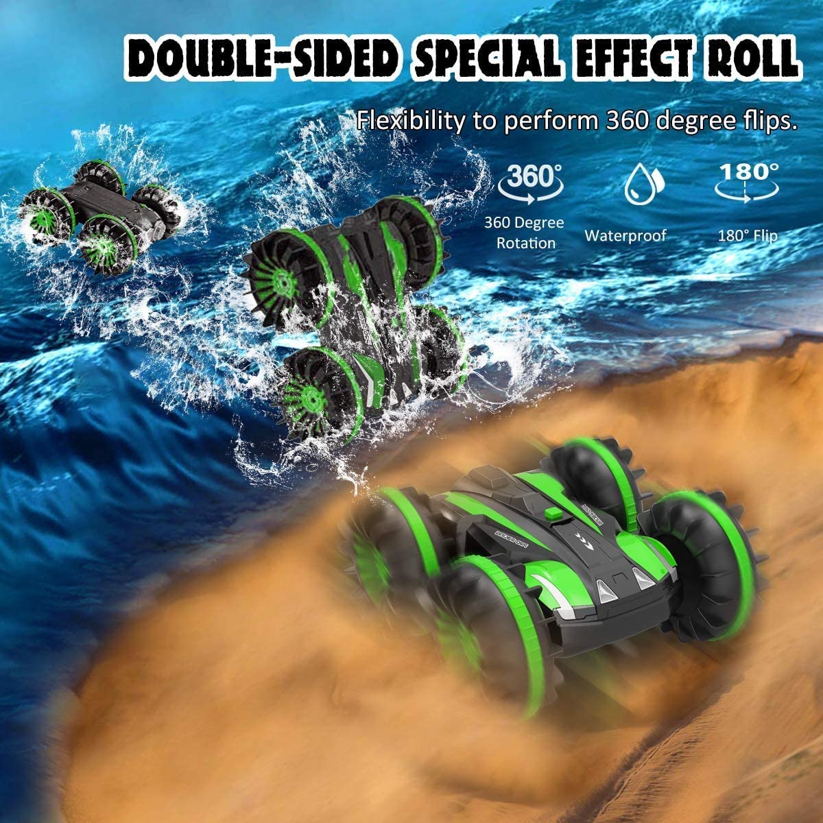 All Terrain Amphibious Waterproof Remote Control Boat & RC Car Pool Toys Green 2 pcs Batteries