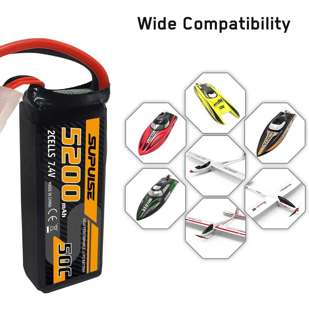 SUPULSE 2pack 7.4V 2S 5200mAh 50C Lipo Battery with XT60 Plug - EXHOBBY