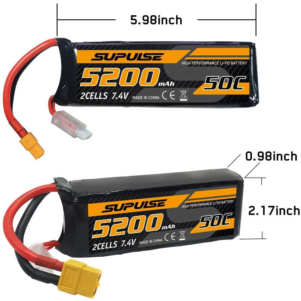 SUPULSE 2pack 7.4V 2S 5200mAh 50C Lipo Battery with XT60 Plug - EXHOBBY