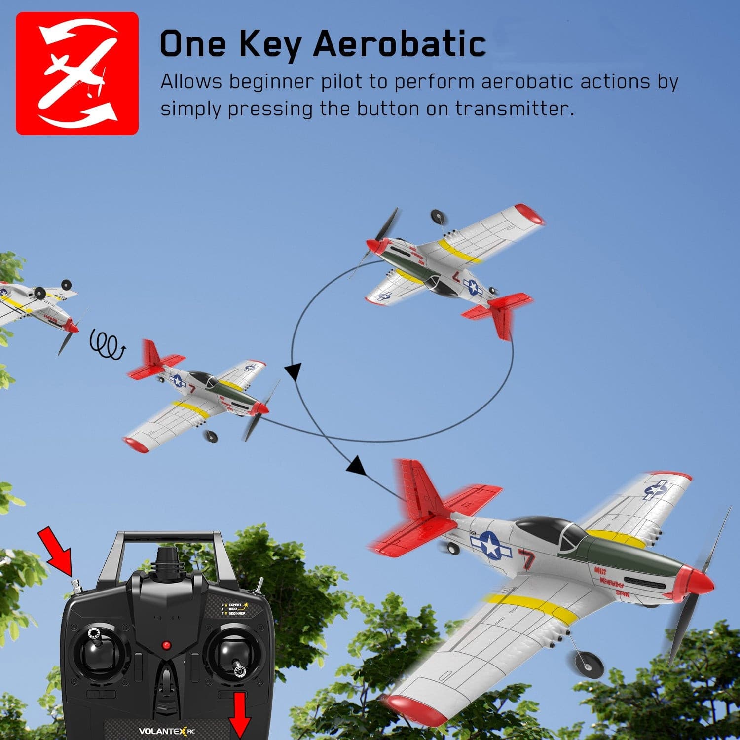 VOLANTEXRC P-51D Mustang 4-Ch Beginner Airplane with Xpilot Stabilizer - One-key Aerobatic (761-5)PNP.