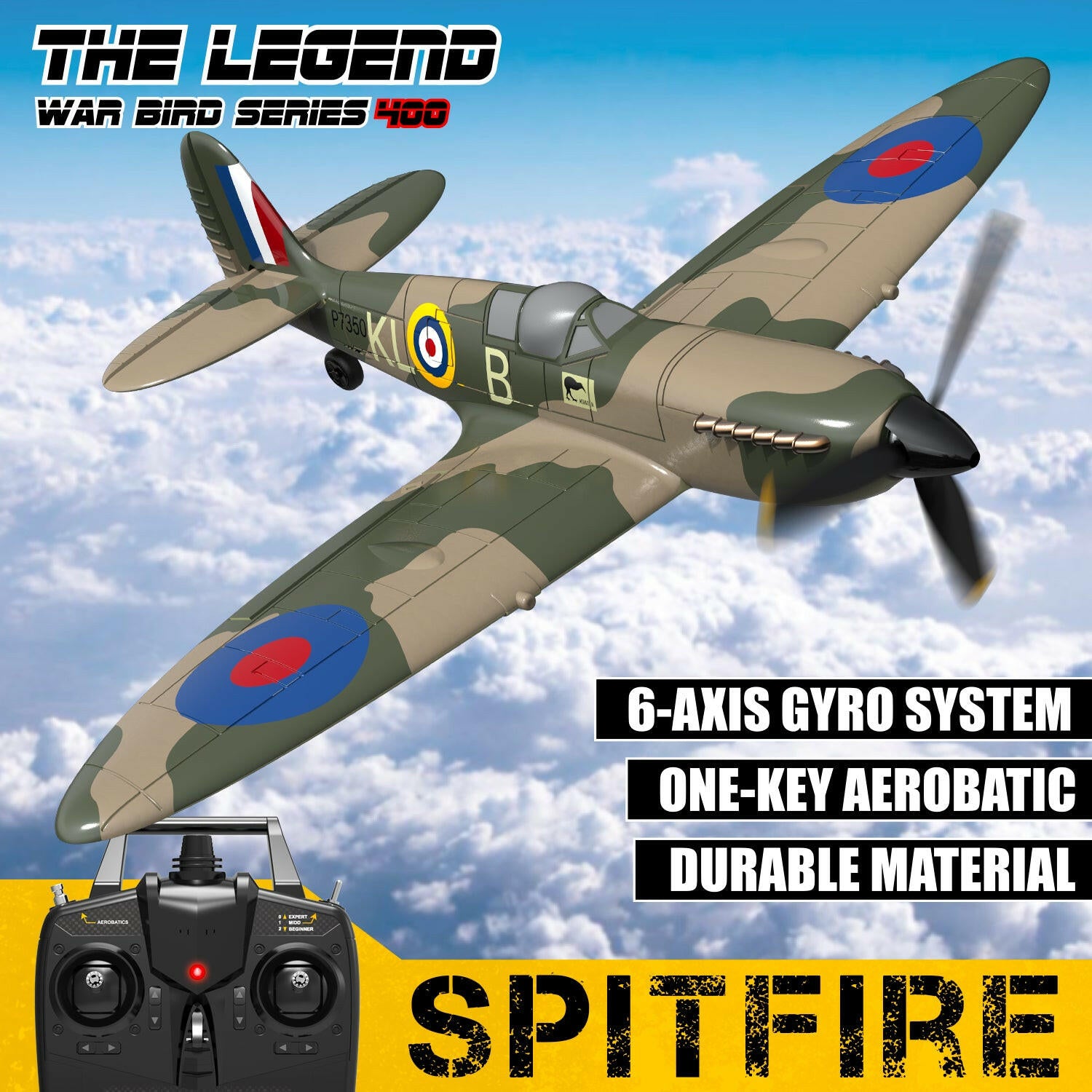 VOLANTEXRC Spitfire 4-CH Remote Control Airplane Ready to Fly for Beginners with Xpilot Stabilization System (761-12) RTF - EXHOBBY