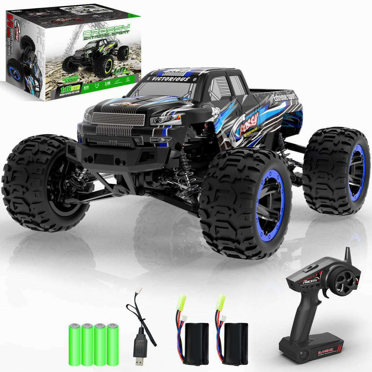 Racent Remote Control Car 4WD Off-Road RC Monster Truck 1:16 Scale 30MPH High Speed All Terrain RC Vehicle for Kids or Adults (785-5) (Blue).