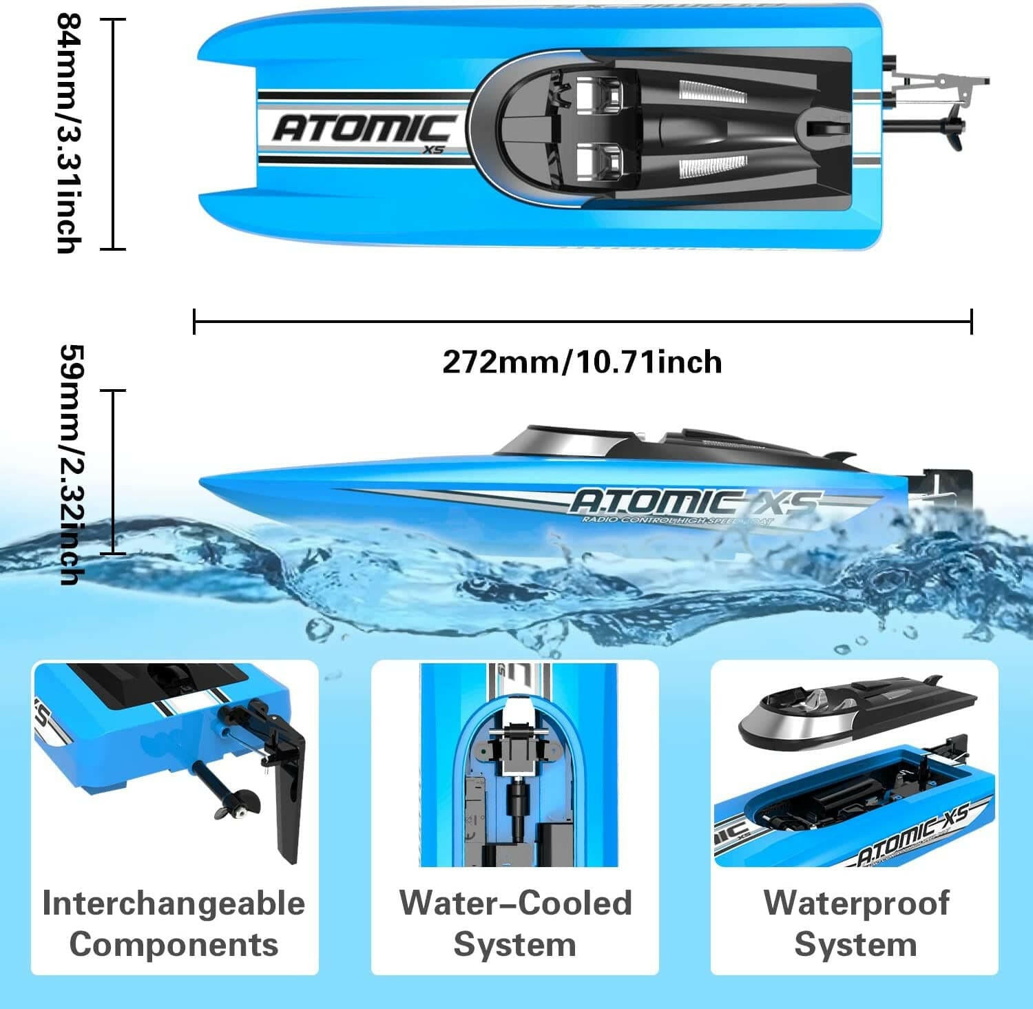 VOLANTEXRC Atomic XS Remote Control Boat with 2 Batteries & Reverse Function (795-5 Blue).