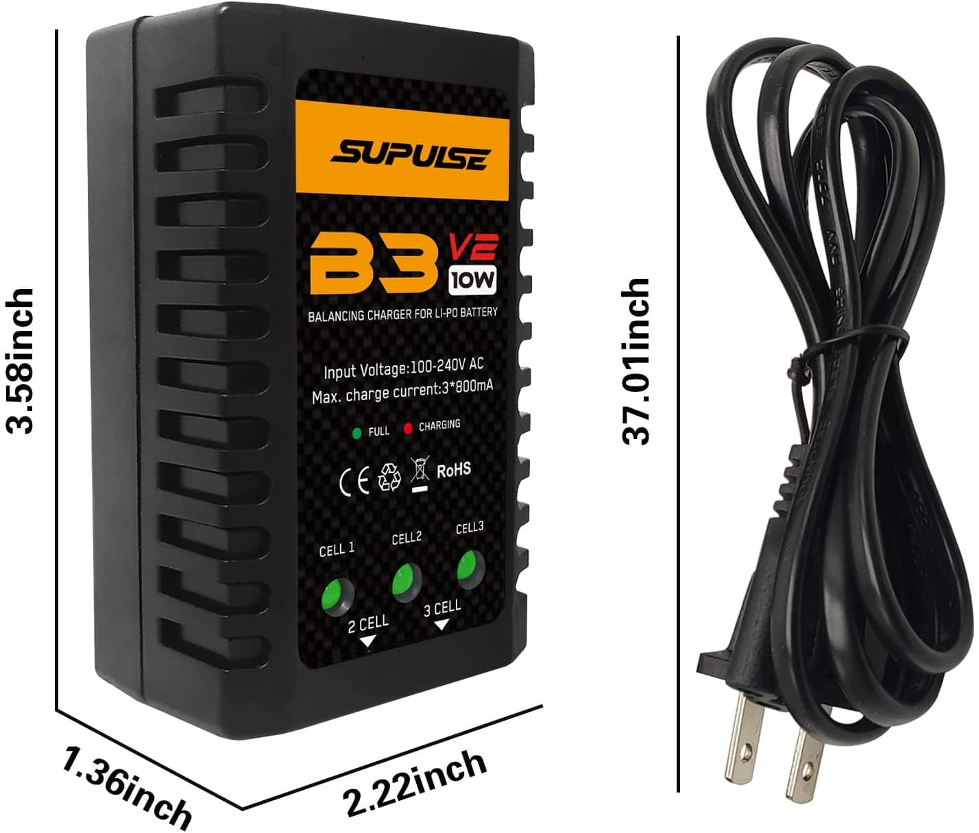 SUPULSE LiPo Battery Charger RC Balance Charger AC 7.4-11.1V 2S-3S 10W Upgrade Version B3AC Pro Compact Charger Lipo Charger (B3V2) - EXHOBBY