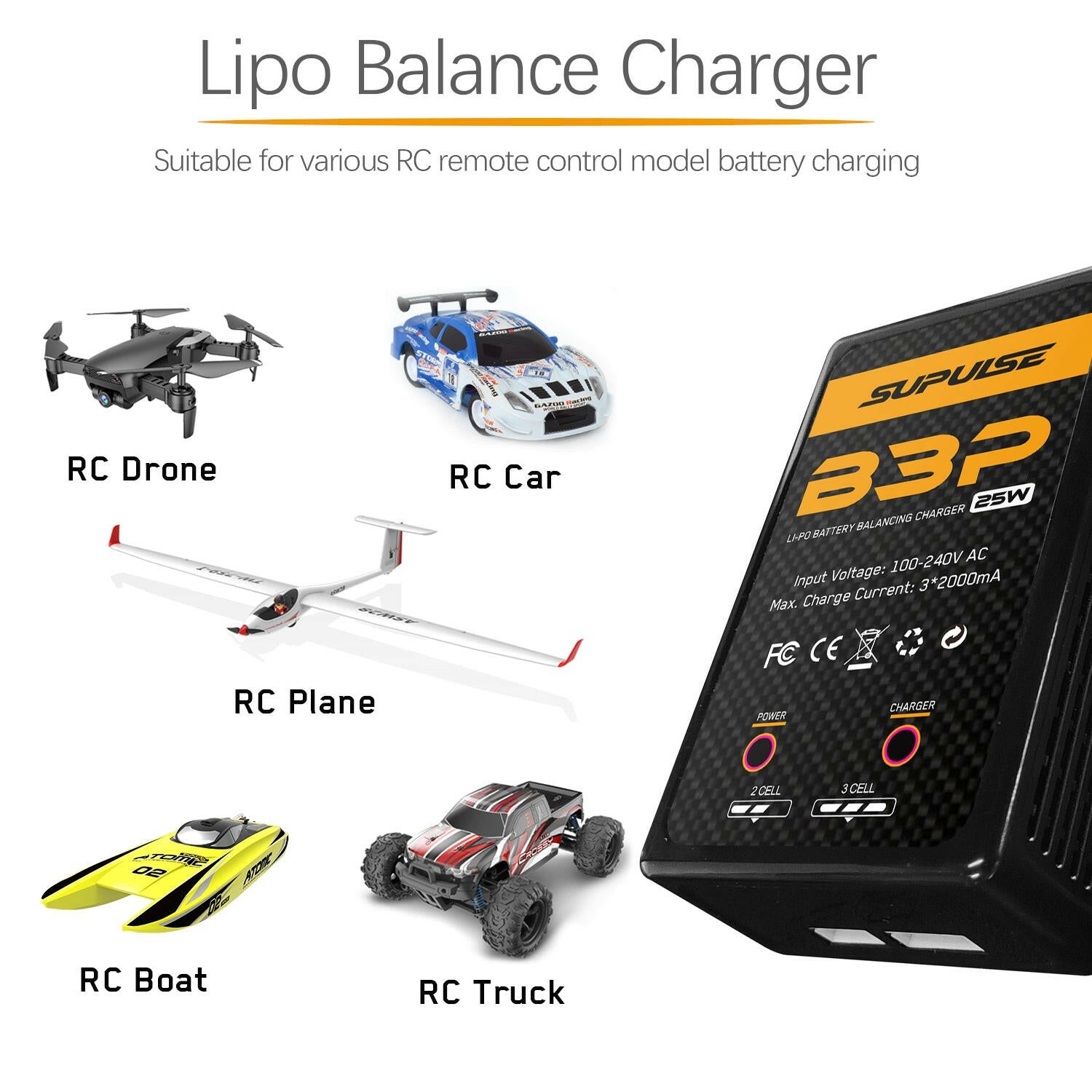 SUPULSE B3P Pro AC LiPo Battery Charger 2S-3S 25W RC Balance Charger - EXHOBBY